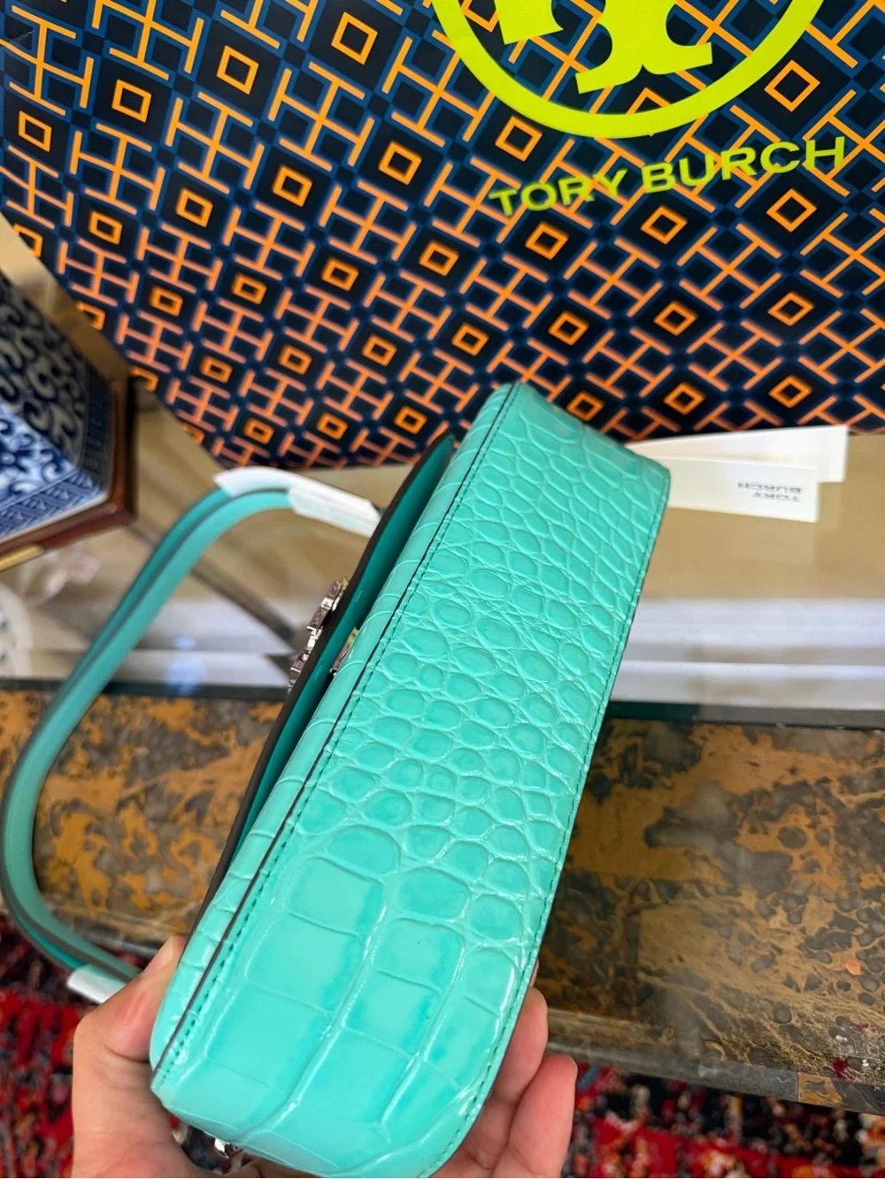 Tory Burch Aqua Croc-Embossed Shoulder Bag